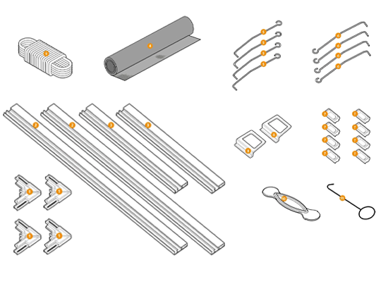 Elementy zestawu moskitiery ramkowej z akcesoriami