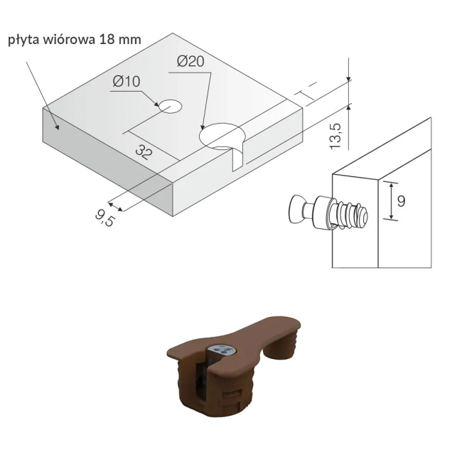 Złączka RAFFIX 20 z czopem do płyt od 18mm + trzpień 6x11 mm
