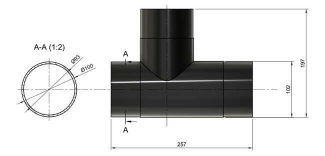 Trójnik prosty 90°, 3x ⌀100 mm (4")
