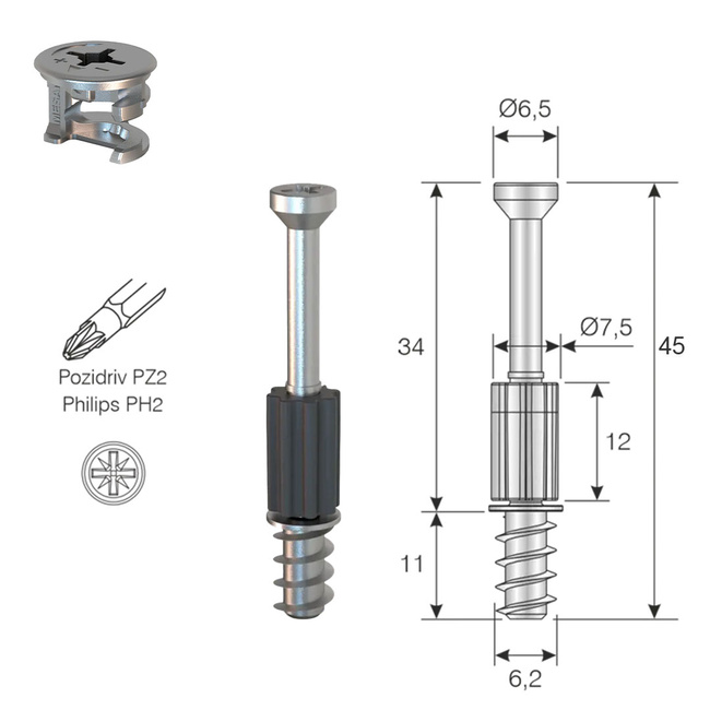Złącze meblowe mimośrodowe Ø15x12.6 mm z kołnierzem do płyt 16 mm - 100 kpl.