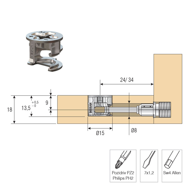 Złącze meblowe mimośrodowe PLUS Ø15x13.5 mm do płyt 18 mm