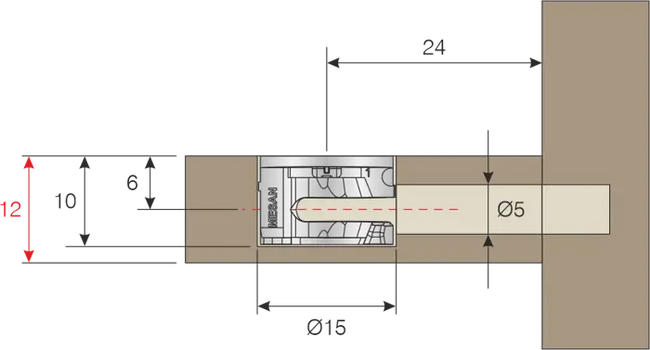 Mimośród Ø15x10 mm do płyty 12 mm + trzpień M4 24 mm - 100 kpl.