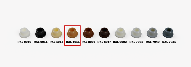 Zaślepki maskujące Clamex P Lamello ⌀6 mm 90° brązowy RAL 8019 – 100 szt.