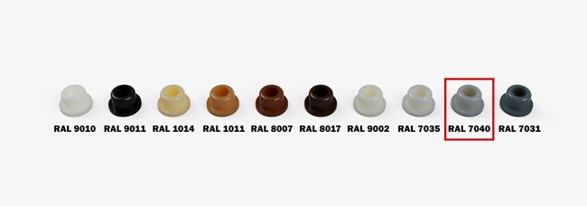 Zaślepki maskujące Clamex P Lamello ⌀6 mm 90° szary RAL 7040 – 100 szt.