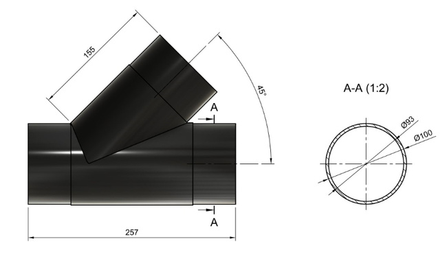Trójnik prosty 45°, 3x ⌀100 mm (4")