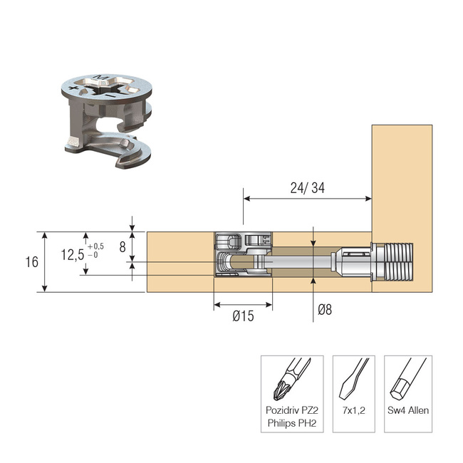 Złącze meblowe mimośrodowe PLUS Ø15x12.5 mm do płyt 16mm - 10 kpl.