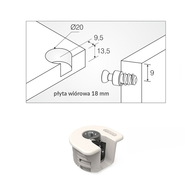 Złączka RAFFIX 20 Locked do płyt od 18mm + trzpień 6x11 mm