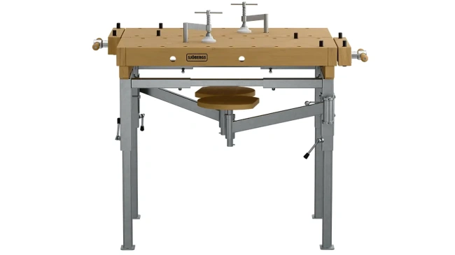 Stół stolarski 2-stanowiskowy EDU 1300 Sjöbergs z metalowym stelażem i siedziskami