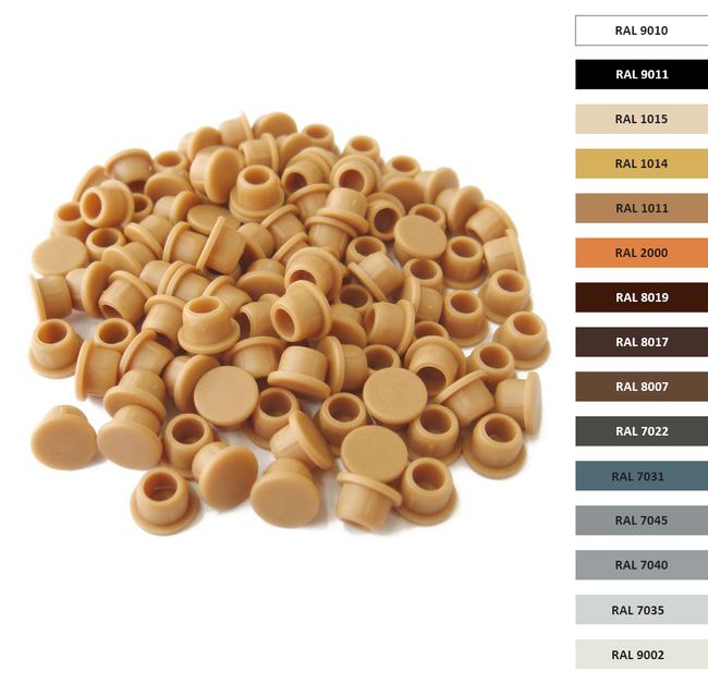 Zaślepki maskujące Clamex P Lamello ⌀6 mm 90° brązowy RAL 8019 – 100 szt.