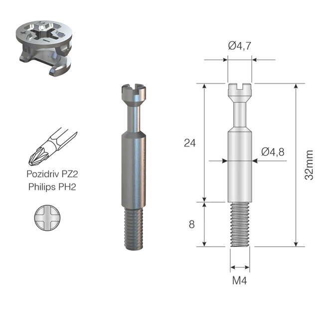 Mimośród Ø15x10 mm do płyty 12 mm + trzpień M4 24 mm - 100 kpl.