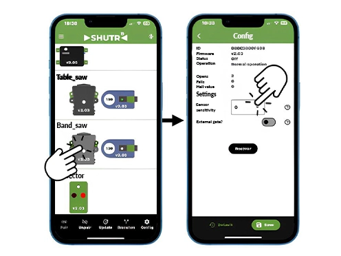Regulacja czułości czujnika SHUTR w aplikacji mobilnej