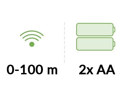 Ikona zasięgu 100 m i baterii 2x AA